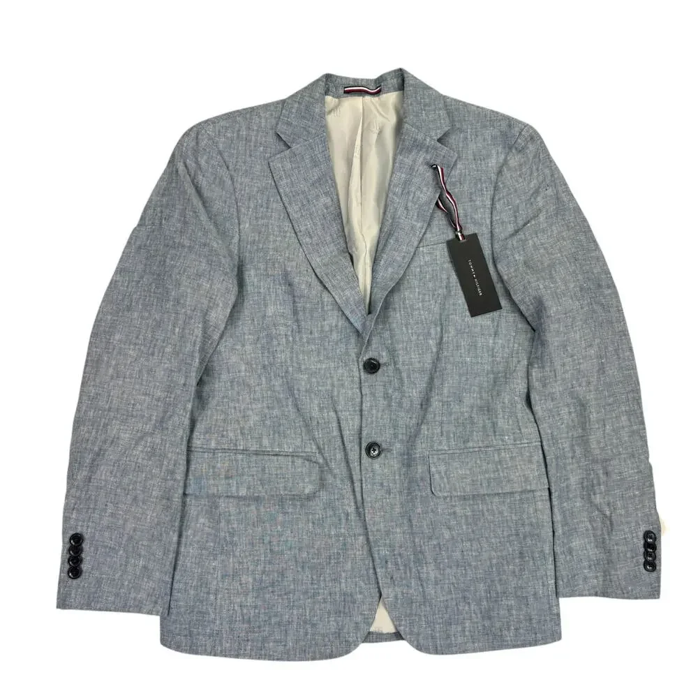 Tommy Hilfiger Mens Modern Fit 100% Linen Solid Sport Coat Blue 36S